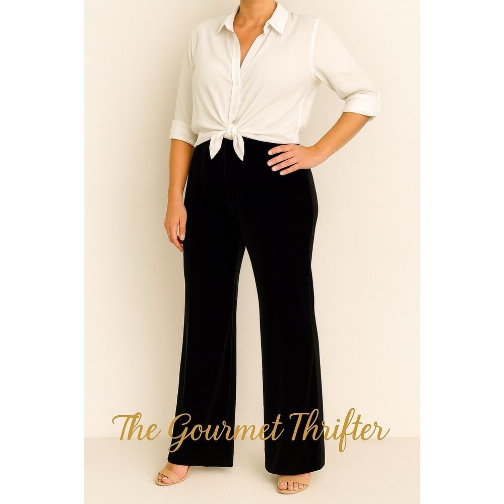 Tanjay Petite Black Velvet Holiday Vintage Stretch Waist Pants Wide Leg Size 6P